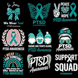 Paquete de imágenes PNG y SVG para la concientización sobre el TEPT / Ilustración para la recuperación del trauma / Paquete de frases inspiradoras / Archivos para manualidades con Cricut