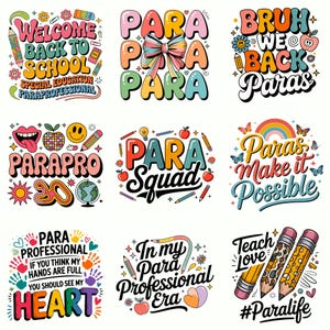 Op de afbeelding: Een verzameling van negen kleurrijke grafische ontwerpen met illustraties in schoolthema en tekst waaronder Welcome Back To School, Para Squad en In My Para Professional Era, versierd met potloden, appels, regenbogen en vlinders.