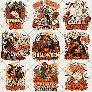 May include: A collection of nine Halloween-themed illustrations featuring skeletons, ghosts, witches, and couples in orange, black, and white. Designs include text like SPOOKY WITH MY BOO, BOO CREW, CUTE & SPOOKY, FOREVER MY SPOOKY DATE, HALLOWEEN DATE NIGHT, MY FAVORITE BOO, LOVE AT FIRST FRIGHT, SWEETHEARTS & SCARECROWS, and YOU'RE MY BOO.