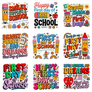 Puede incluir: Una colección de nueve coloridas ilustraciones digitales con gráficos de temática escolar. Cada diseño incluye lápices, crayones, manzanas y arcoíris de dibujos animados con textos como Smiles, Supplies & School, Happy First Day of School, y Ready to Shine on my First Day, Bright Starts & Big Dreams, y Little Learner, Big Dreams.