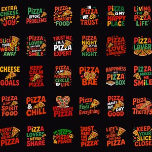 Peut inclure: Une collection de trente designs graphiques colorés présentant des illustrations et une typographie sur le thème de la pizza sur un fond noir. Chaque carré contient des phrases uniques comme Pizza Before Problems et Pizza Bae.