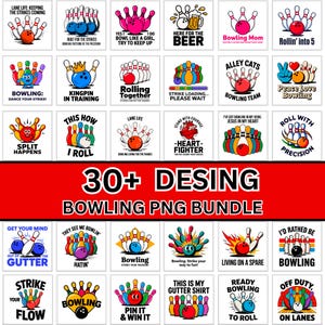 Op de afbeelding: Een digitale collectie van meer dan 30 bowling-thema grafische ontwerpen met kleurrijke illustraties van bowlingkegels en -ballen, vergezeld van diverse slogans en teksten gerelateerd aan de sport, gepresenteerd in een rasterindeling.