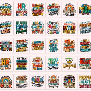 Peut inclure: Une collection de trente designs graphiques carrés présentant une typographie colorée et des illustrations liées aux ressources humaines. Chaque carré contient des phrases de motivation uniques sur la culture d'entreprise et le travail d'équipe.