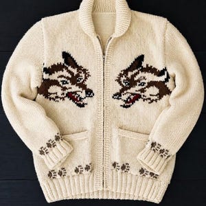 May include: A cream-colored knit zip-up cardigan featuring a shawl collar and long sleeves. The front displays two brown and black wolf head motifs, one on each side of the silver zipper. Two front pockets are present, with paw print patterns.