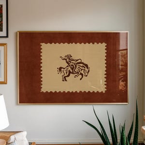 Bucking Bronco Cowboy Wall Art Print Rustic Vintage Postage Stamp Poster Rust Red and Cream Retro Illustration Western Boho Home Decor Print