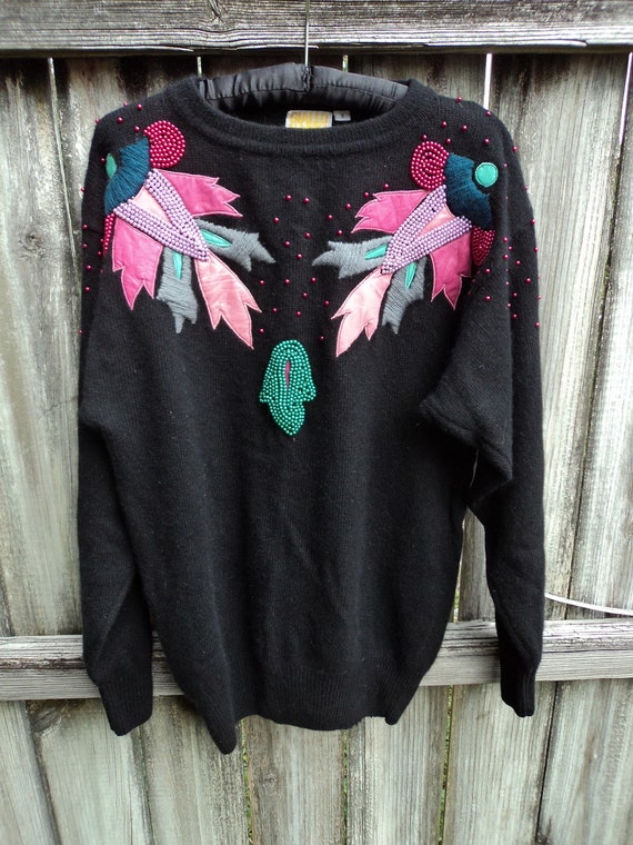 Abstract Embellished Black Sweater - image 3