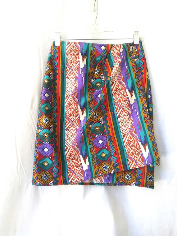 Southwestern printed denim wrap skirt