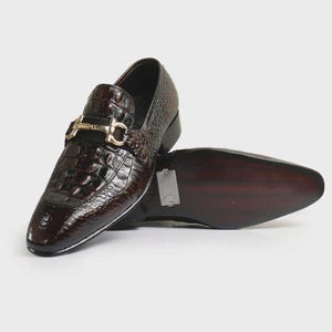 Handmade Brown Crocodile Embossed Leather Loafers for Men – Luxury Exotic Pattern Dress Shoes