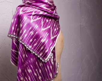 Ikat Scarf, Crochet Oya and Ikat Scarf, Ikat with Bead Lace Ends, 15.75&#39;&#39; x 78.74&#39;&#39; Ikat and Oya, Crochet Ikat Shawl, FAST Shipment 155
