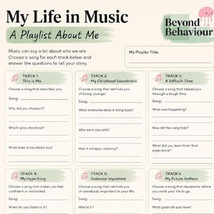 Op de afbeelding: Een My Life in Music werkblad getiteld A Playlist About Me met een Beyond Behaviour logo met een roze hersenicoon. Het document bevat zes genummerde tracksecties met prompts voor liedkeuzes en reflecterende vragen op een crèmekleurige achtergrond.