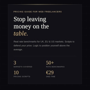 May include: A dark background with a pricing guide for web freelancers. The text reads "Stop leaving money on the table." It includes information on markets covered, rate benchmarks, and pricing scripts. The price is €29.