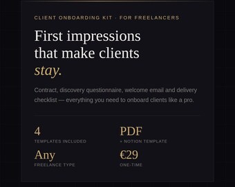 Kit di onboarding per clienti freelance: contratto, questionario, email di benvenuto e lista di controllo per la consegna.