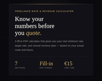Calcolatore di tariffe per freelance in formato PDF: scopri la tua tariffa oraria minima e il tuo piano di guadagno annuale.