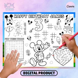 May include: A black and white digital product featuring Mickey Mouse-themed activities for a child's birthday. Includes a maze, dot-to-dot, word search, and tic-tac-toe. The text reads "HAPPY BIRTHDAY JAMES" and "DIGITAL PRODUCT". A hand is holding a pink pencil.