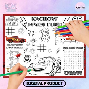 Könnte beinhalten: Ein digitales Ausmal- und Aktivitätsblatt mit Lightning McQueen und anderen Cars-Charakteren. Enthält Labyrinthe, Wortsuchrätsel und Punkt-zu-Punkt-Aktivitäten. Das Blatt ist für einen Kindergeburtstag mit dem Text "Kachow James Turn 3" gestaltet.