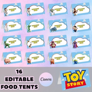May include: Sixteen editable Toy Story food tents with character illustrations and cloud-shaped text boxes. The tents are on a light blue background with the Toy Story logo.