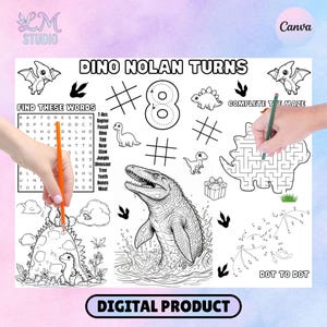May include: A black and white dinosaur-themed activity sheet with the text "DINO NOLAN TURNS". Includes a word search, tic-tac-toe, a maze, and a dot-to-dot activity. The words "DIGITAL PRODUCT" are also visible.
