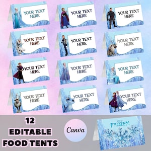 May include: A collection of 12 editable food tents with characters from the film Frozen. Each tent has a white text box with the words "YOUR TEXT HERE" above a blue and white icy design. The bottom left corner reads "12 EDITABLE FOOD TENTS".