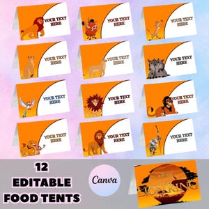 Könnte beinhalten: Ein Set aus zwölf rechteckigen, gefalteten Tischkarten aus Papier mit orangefarbenem Hintergrund und weißen, geschwungenen Feldern mit dem Text YOUR TEXT HERE. Jede Karte zeigt eine andere Zeichentrickfigur aus Der König der Löwen, darunter Simba, Pumbaa, Timon, Nala, Zazu, Scar und Rafiki.