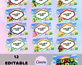 12 Editable Super Mario Food Tents Kids Birthday Decor FSM1