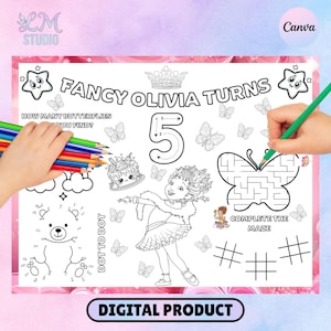 May include: A black and white digital coloring page with the text "FANCY OLIVIA TURNS 5". The page includes a dot-to-dot bear, a butterfly maze, and other activities. A hand holds colored pencils.