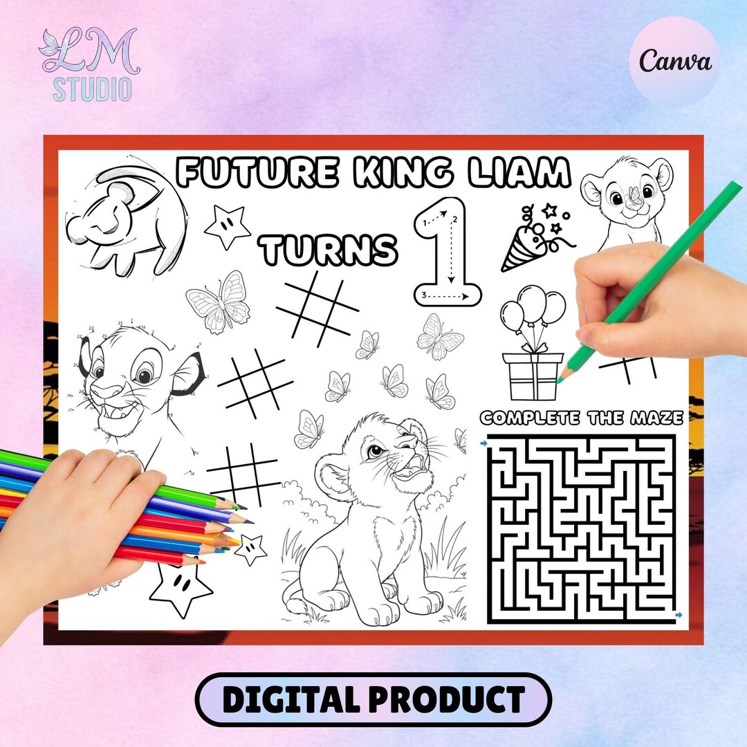 Simba Worksheet Simba Placemat Lion King Birthday Party Activity Sheet LK1 - Etsy