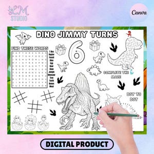 May include: A black and white dinosaur-themed activity sheet with the text "DINO JIMMY TURNS" and "DIGITAL PRODUCT". Includes a word search, maze, dot-to-dot, and tic-tac-toe games. A hand holds a pencil.