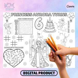 May include: A digital coloring and activity sheet featuring Princess Aurora. The sheet includes a maze, word search, dot-to-dot, and a drawing of Elsa. The text reads "Princess Aurora Turns" and "Digital Product". A hand holds colored pencils.