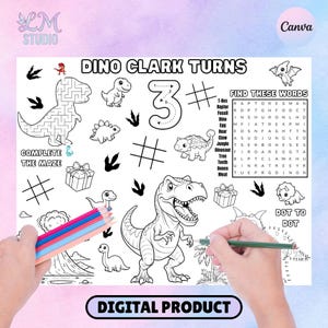 May include: A black and white dinosaur-themed activity sheet with the text "Dino Clark Turns" and "Digital Product". Includes a maze, dot-to-dot, word search, and dinosaur illustrations. Colored pencils and a green pencil are visible.