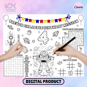 Puede incluir: Un mantel individual para colorear en blanco y negro con el texto "Trevor Galactic Birthday Mission". Presenta un gráfico de Buzz Lightyear, un laberinto, una sopa de letras y un juego de tres en raya. Incluye el texto "Digital Product".