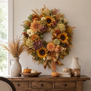 Fall Sunflower Wreath for Front Door, Pumpkin Hydrangea Harvest Decor, Thanksgiving Housewarming Gift for Mom