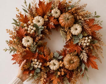 Herbstkranz für die Haustür, Kürbis-Herbstkranz, Ahornblatt-Erntedekoration für Thanksgiving
