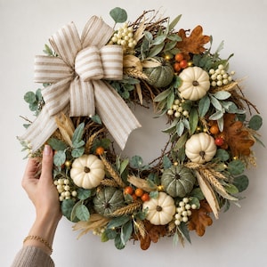 Peut inclure: Une couronne circulaire faite de brindilles brunes, ornée de petites citrouilles blanches et vertes, de tiges de blé séchées, de feuilles de chêne brunes, de feuilles d'eucalyptus vertes et de baies blanches. Un grand nœud en tissu rayé beige et blanc.