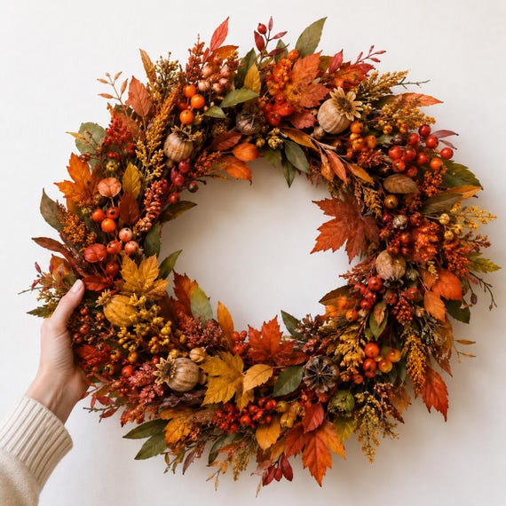 Harvest Wreath for Fall, Rustic Berry Pumpkin Door Decor, Thanksgiving Wall Hanging, Autumn Housewarming Gift for Her