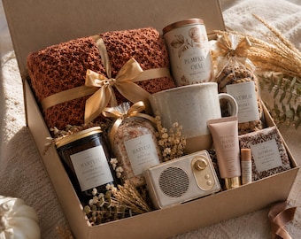 Coffret cadeau bien-être pour femme, coffret réconfortant pour elle, panier cadeau d'automne, coffret détente spa, cadeau d'anniversaire pour dire « Je pense à toi ».