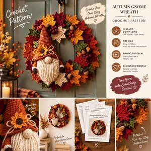 Häkelanleitung für einen herbstlichen Wichtelkranz, Wandbehang mit Sonnenblumen und Blättern (PDF), einfache Anleitung für Thanksgiving-Deko, digitaler Download
