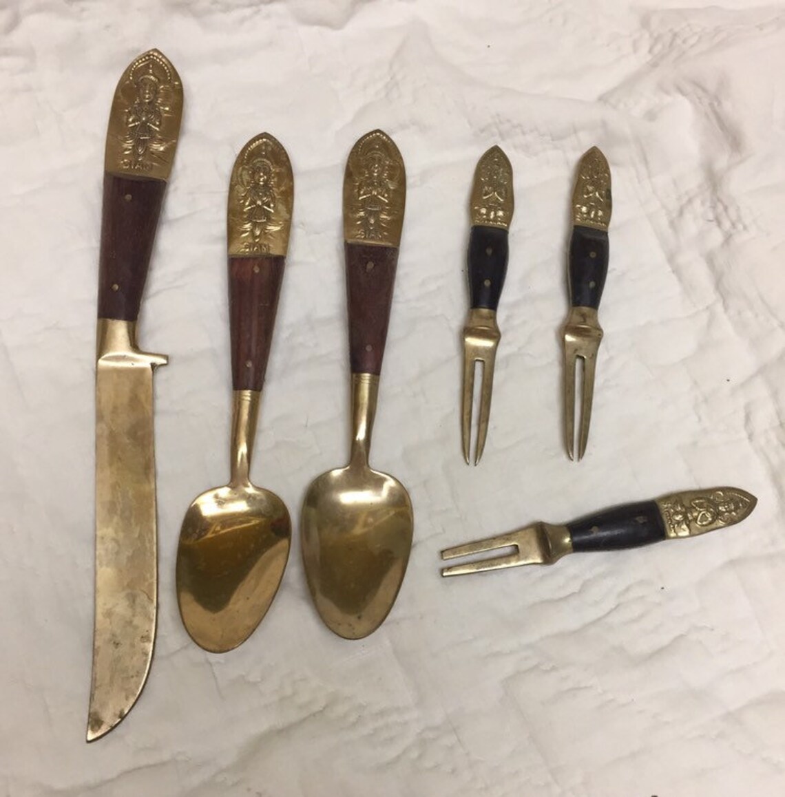 Lot of Bronze Utensils With Wood Handles Buddha Motif Marked Etsy