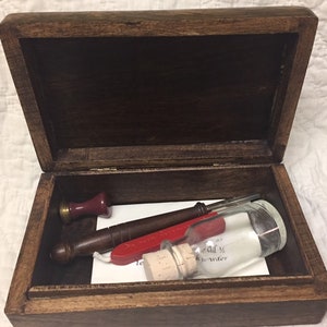calligraphy set with pen, ink, bottle, seal and wax in wooden box