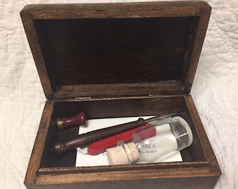 calligraphy set with pen, ink, bottle, seal and wax in wooden box