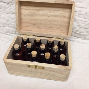 wooden box of 10 tiny amber glass bottles for many purposes Civil War reenacting LARP SCA