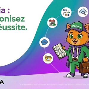 May include: An illustration featuring a cartoon cat wearing a green suit, holding a briefcase and a notepad. The image includes the text "Calencia: Synchronize your success" and various business-related icons.