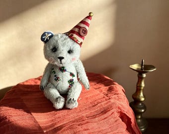 Hand Sewn Blue Teddy Bear with Movable Joints and Removable Hat Handmade Cute Doll Cozy Display Decor Home Ornament Holiday Christmas Gift