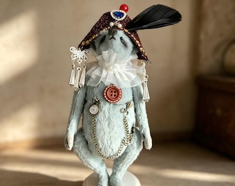 Handmade Blue Teddy Bear Art Doll Folk Inspired Jointed Artist Bear with Removable Hat Collectible Shelf Decor Keepsake Holiday Gift for Her