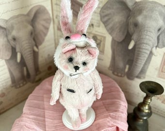 Hand Sewn Pink Bunny Bear Doll Handmade Plush little Bear Movable Joints Removable Hat Shelf Decor Home Ornament Holiday Christmas Gift