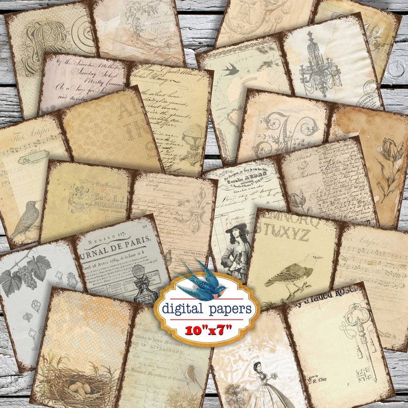 Vintage Ephemera Digital Download 10x7 GRUNGY SHEETS 12 Journal Pages