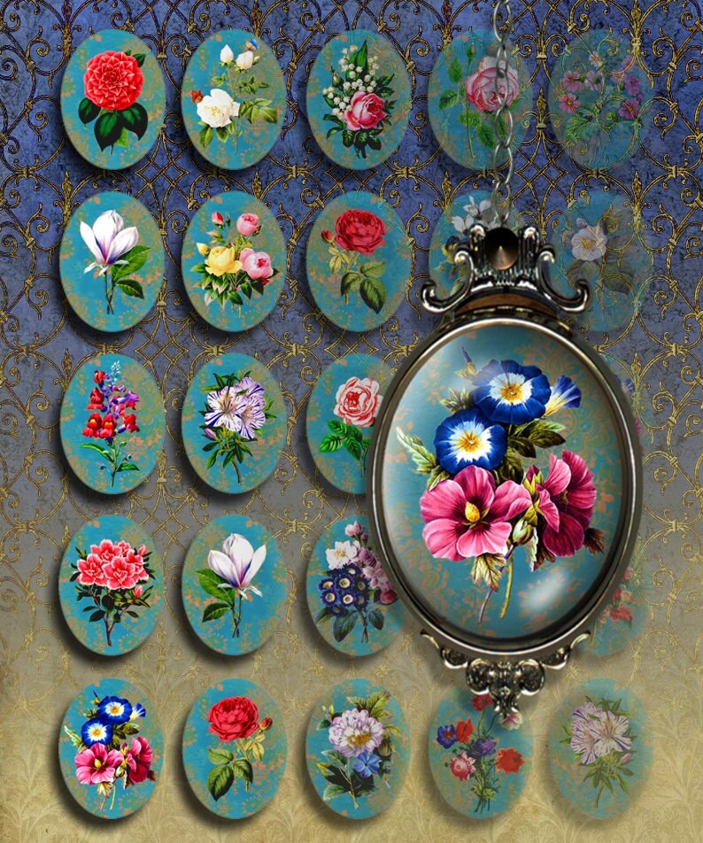 Digital Collage Sheet Download Images for Jewelry Ovals 30x40 mm FLOWERs
