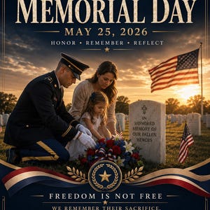 May include: A Memorial Day poster with the text "Memorial Day May 25, 2026." An American flag flies in the background. A family is shown placing a wreath at a grave. The text "Freedom is Not Free" is also displayed.