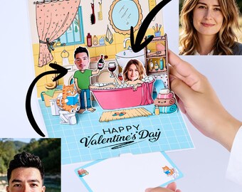 Biglietto di San Valentino pop-up personalizzato per coppie, con foto, gatto, vino e tema bagno/vasca da bagno, biglietto d'auguri 3D per la casa accogliente con busta.