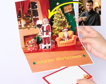 Custom Face Santa Christmas Pop Up Card, Personalized Photo 3D Holiday Card with Cat, Wine Lover Christmas Gift, Funny Santa Greeting Card