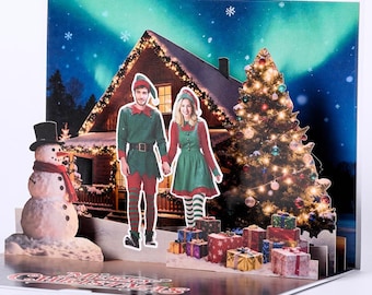 Custom Couple Face Christmas Pop Up Card,  Elf Couple Aurora Borealis Winter Cabin Scene, Romantic Christmas Gift for Couple